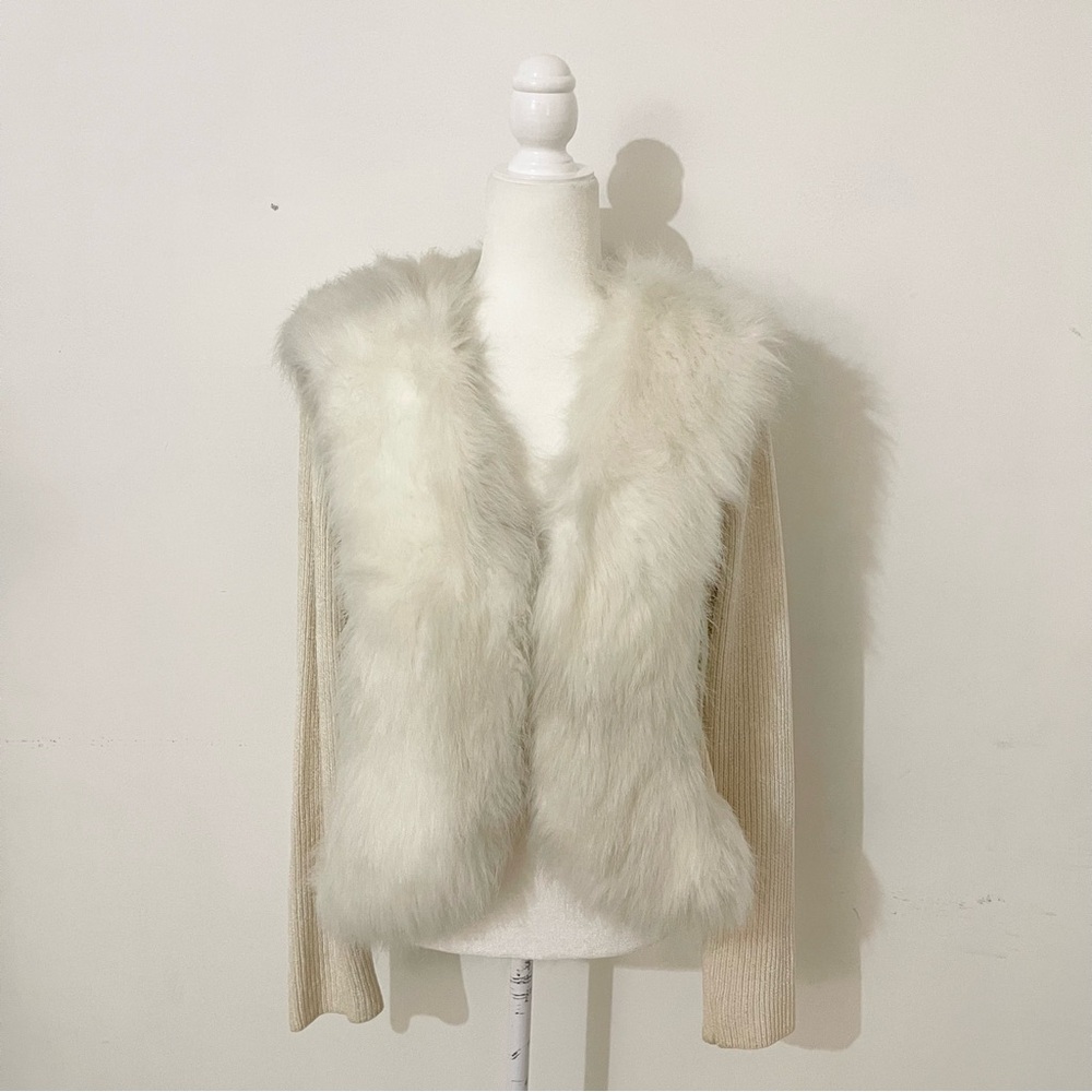 vintage y2k lisa cream fur trim ribbed cardigan jacket